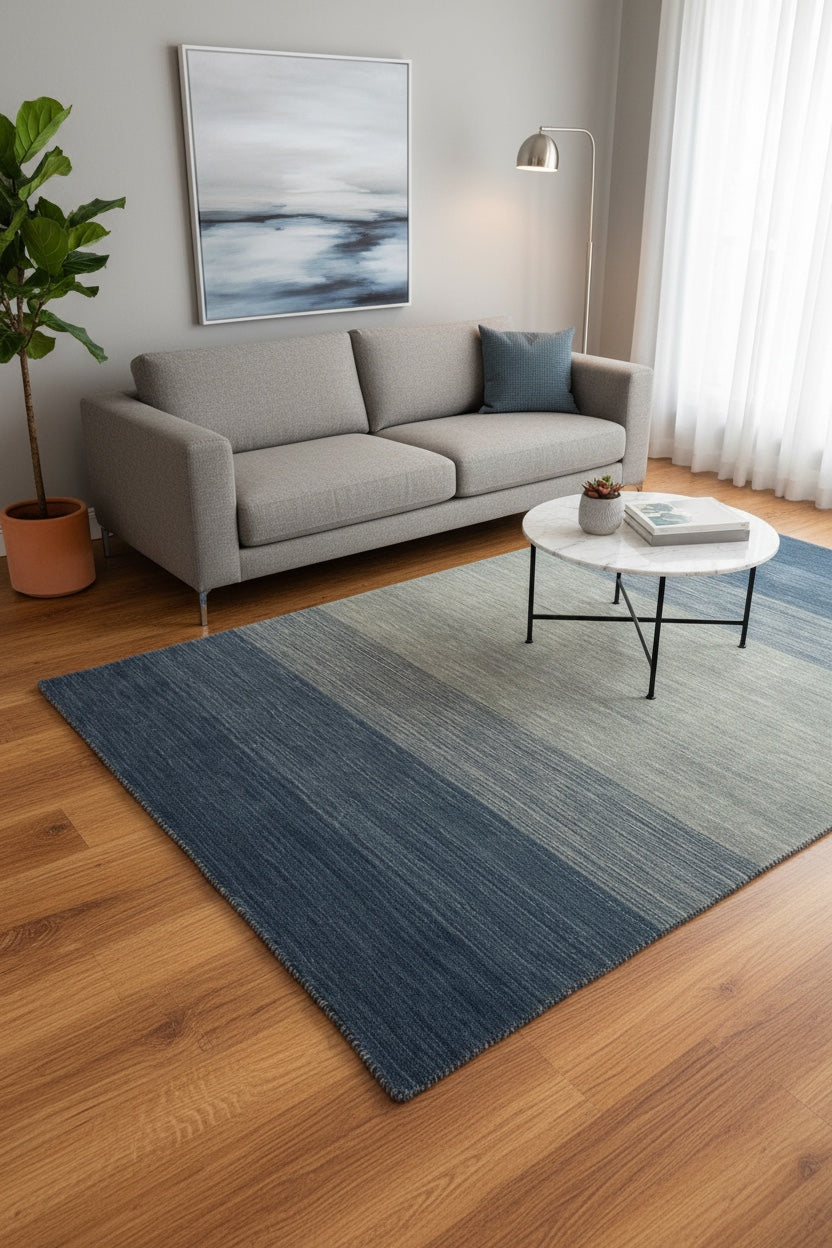 Lori Handwoven Cream Blue Wool Rug by Camel Carpet