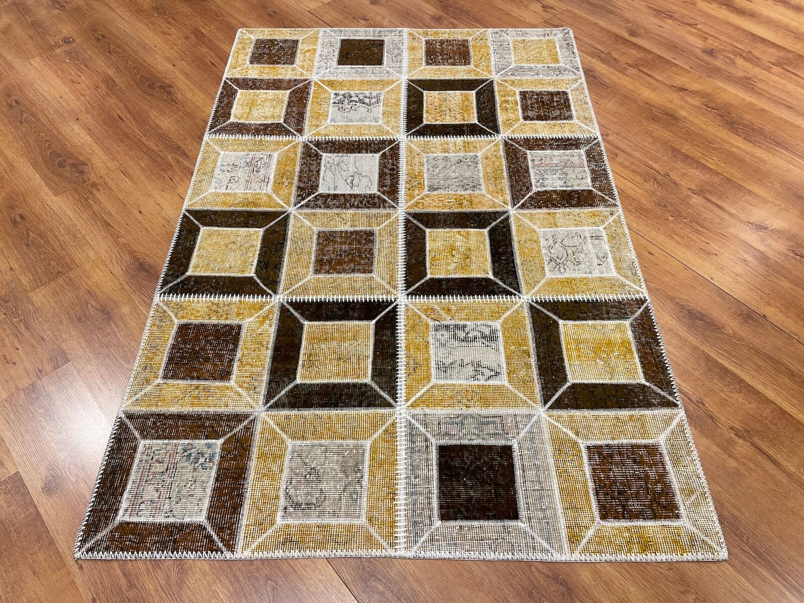 Patchwork Yellow Brownrengi Handwoven Rug – 126X190 by Camel Carpet