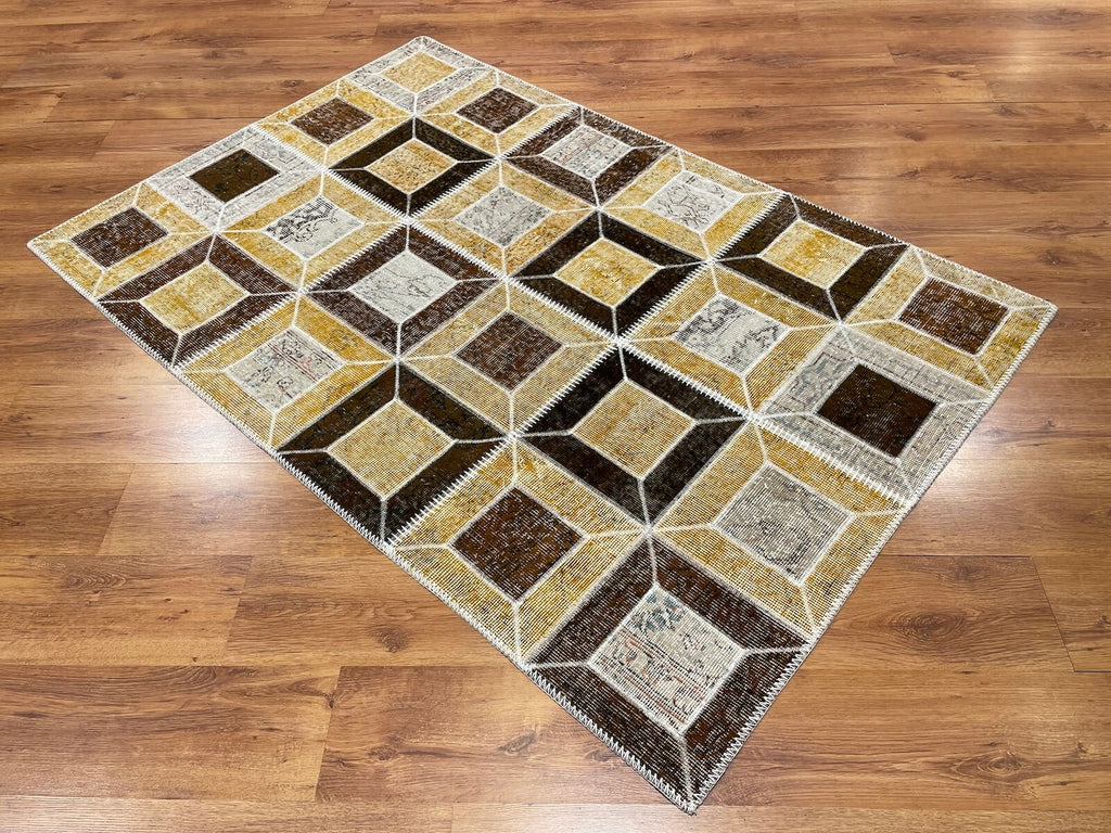 Patchwork Yellow Brownrengi Handwoven Rug – 126X190 by Camel Carpet
