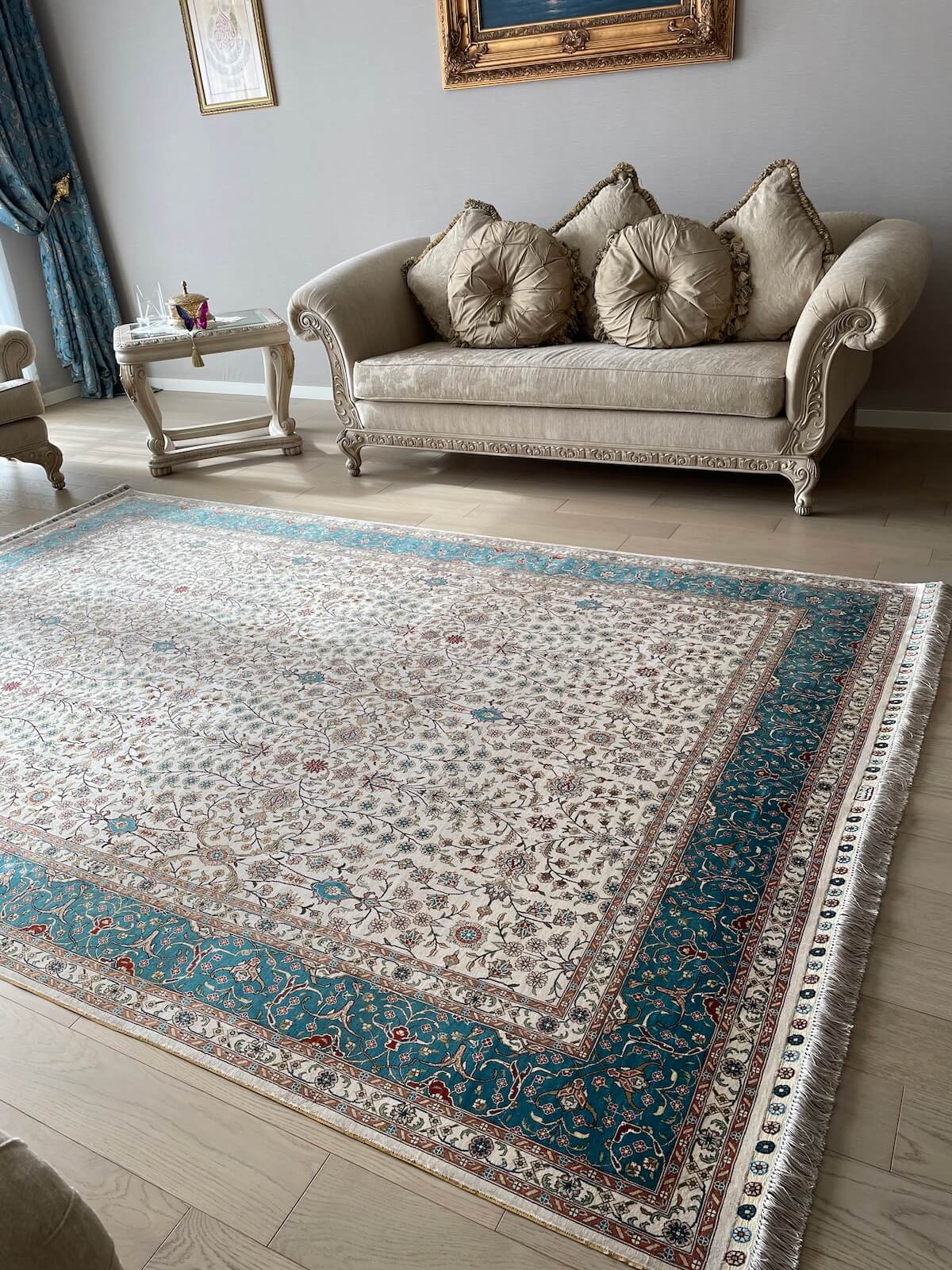 Pure Silk Scattered Floral Handwoven Rug by Camel Carpet