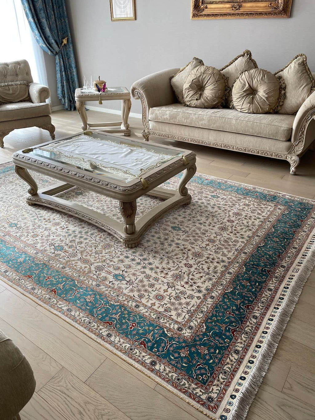 Pure Silk Scattered Floral Handwoven Rug by Camel Carpet