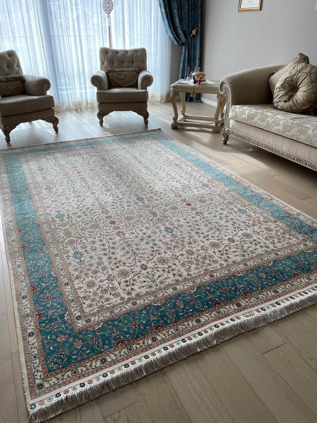 Pure Silk Scattered Floral Handwoven Rug by Camel Carpet