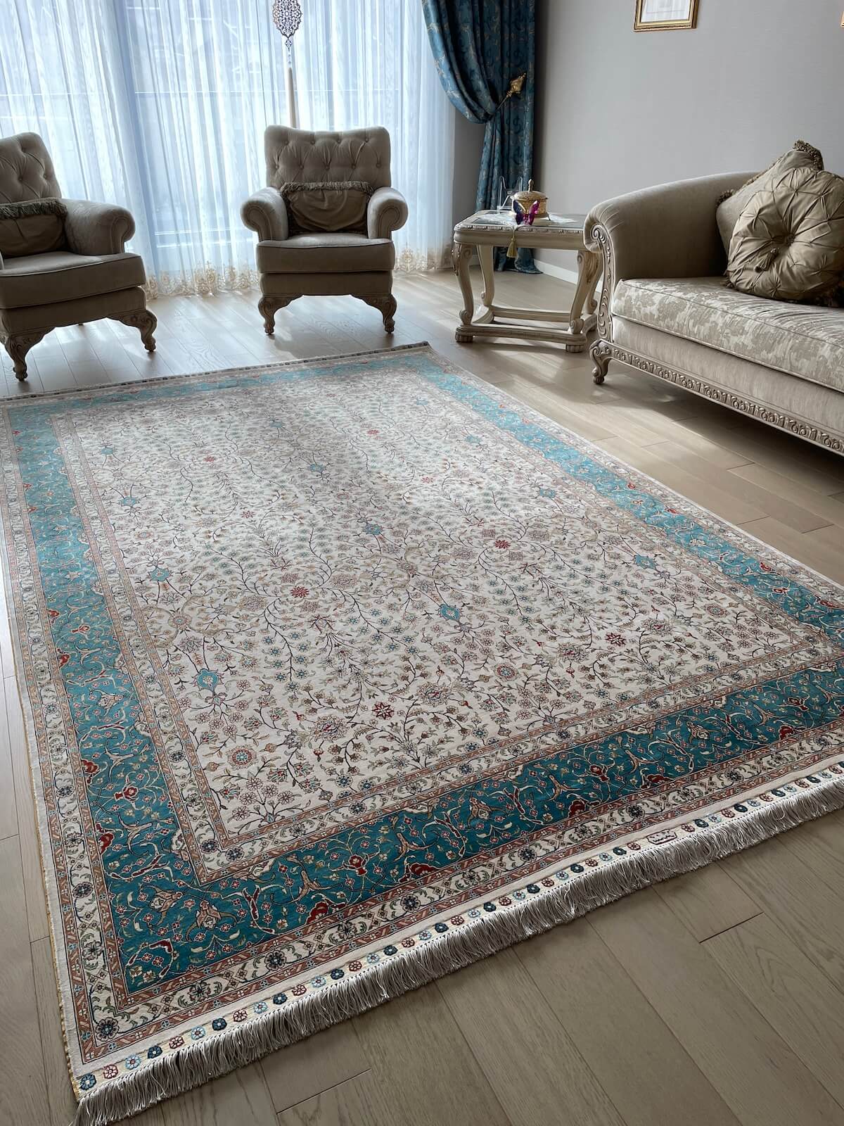 Pure Silk Scattered Floral Handwoven Rug by Camel Carpet