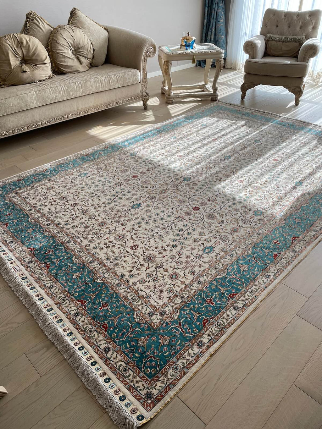 Pure Silk Scattered Floral Handwoven Rug by Camel Carpet