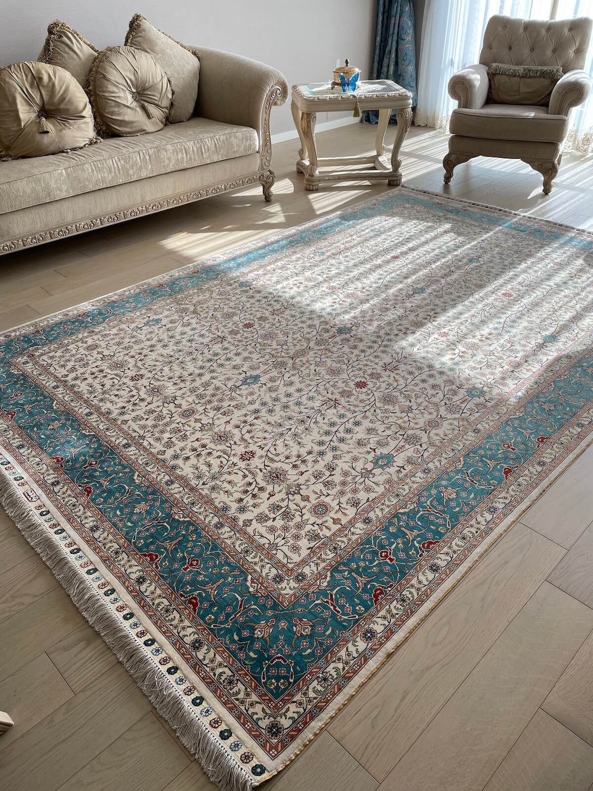 Pure Silk Scattered Floral Handwoven Rug by Camel Carpet