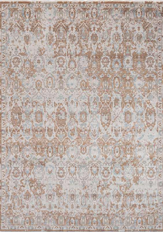 SYMRNA-5201 handcrafted wool rug in ivory, taupe, pale blue, camel with muted palmette styling