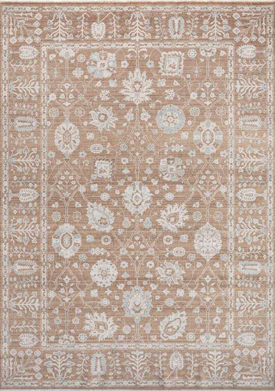 SYMRNA-5202 handcrafted wool rug in taupe, ivory, pale blue, beige with dense floral garden styling