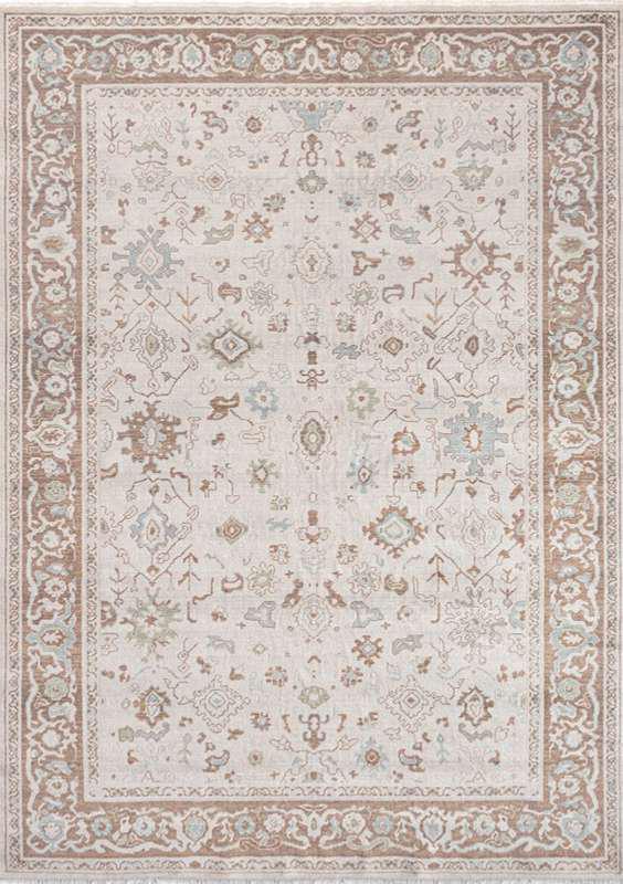 SYMRNA-5204 handcrafted wool rug in ivory, taupe, pale blue, blush with framed oushak styling