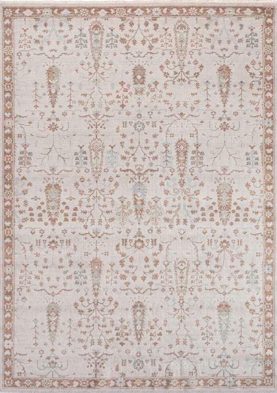 SYMRNA-5205 handcrafted wool rug in ivory, taupe, pale blue, sand with botanical repeat styling