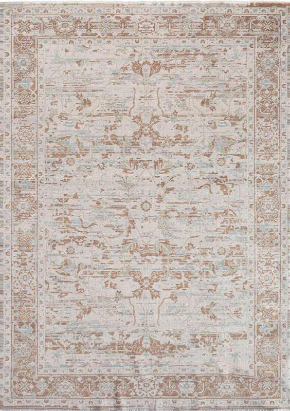 SYMRNA-5206 handcrafted wool rug in ivory, taupe, pale blue, beige with faded framed field styling