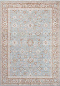 SYMRNA-5207 handcrafted wool rug in pale blue, taupe, ivory, blush with pale blue classic styling
