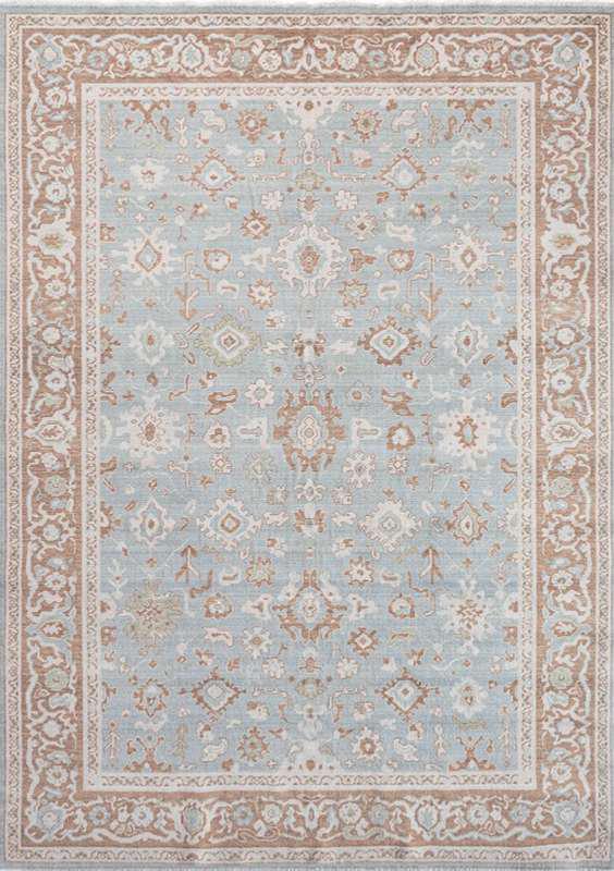 SYMRNA-5207 handcrafted wool rug in pale blue, taupe, ivory, blush with pale blue classic styling
