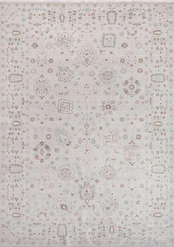 SYMRNA-5208 handcrafted wool rug in ivory, taupe, pale blue, beige with minimal scattered motifs styling