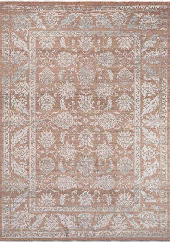 SYMRNA-5209 handcrafted wool rug in taupe, ivory, pale blue with botanical negative styling