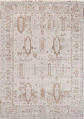 SYMRNA-5210 handcrafted wool rug in ivory, taupe, pale blue, blush with soft tribal columns styling