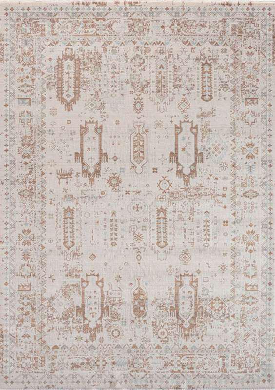 SYMRNA-5210 handcrafted wool rug in ivory, taupe, pale blue, blush with soft tribal columns styling