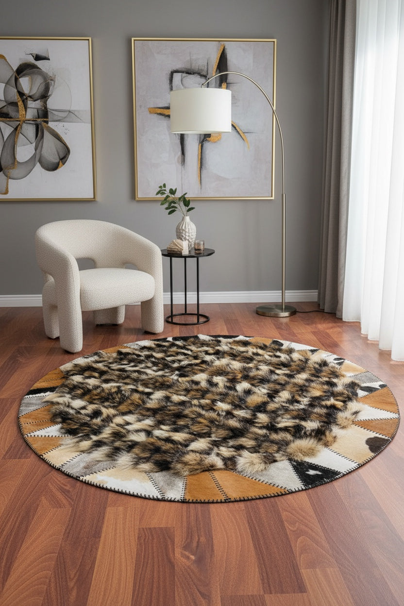 Rakun Round Original Leather Rug – 150X150 by Camel Carpet