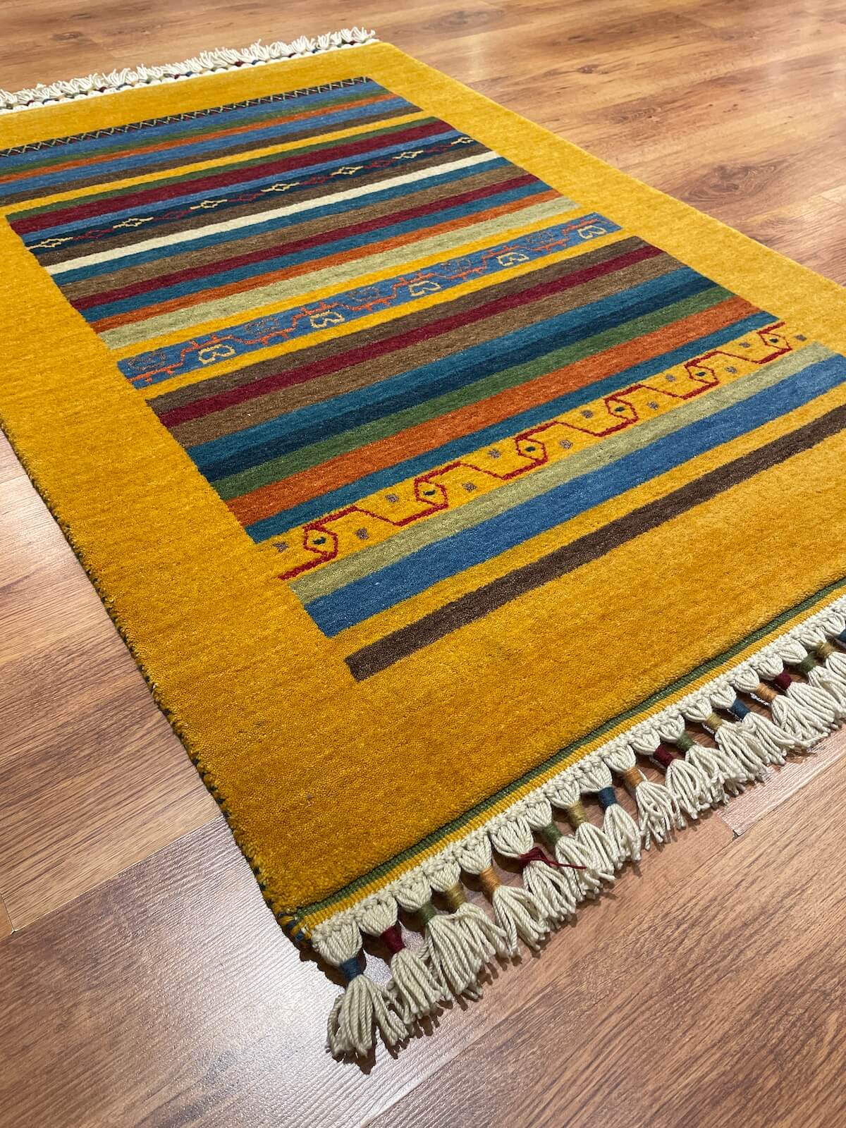 Tribal Handwoven Yellow Wool Rug – 88X126 by Camel Carpet