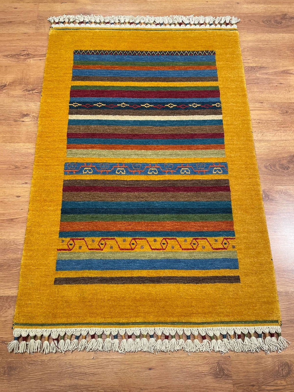 Tribal Handwoven Yellow Wool Rug – 88X126 by Camel Carpet