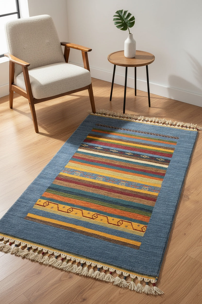 Tribal Handwoven Blue Wool Rug – 89X125 by Camel Carpet