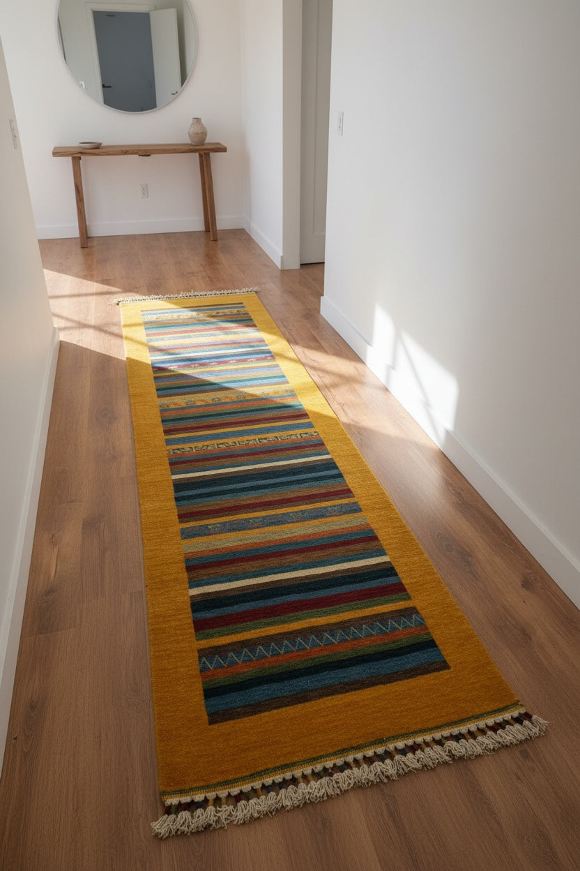 Tribal Handwoven Yellow Wool Runner Rug – 85X281 by Camel Carpet