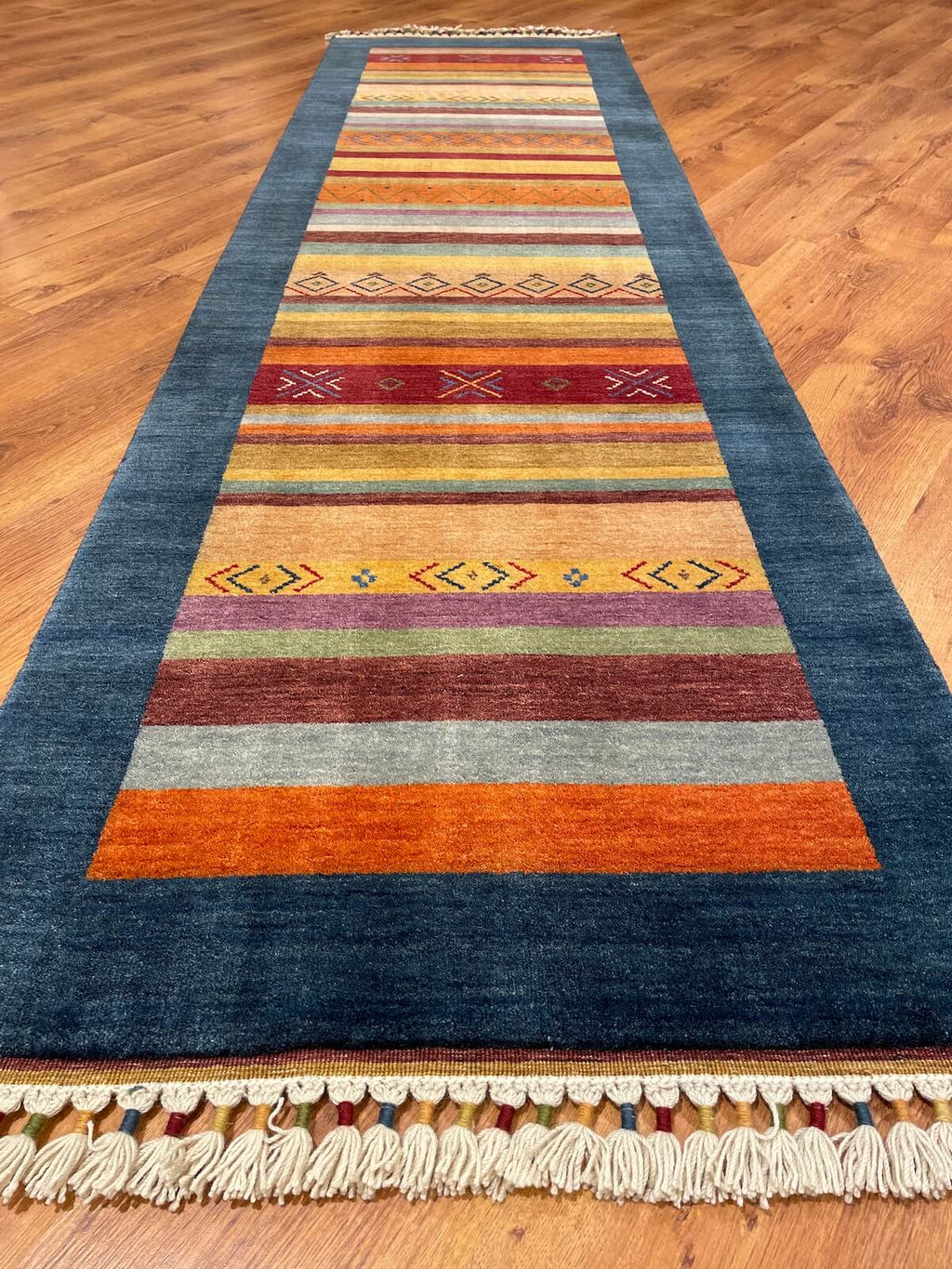 Tribal Handwoven Navy Wool Runner Rug – 80X279 by Camel Carpet
