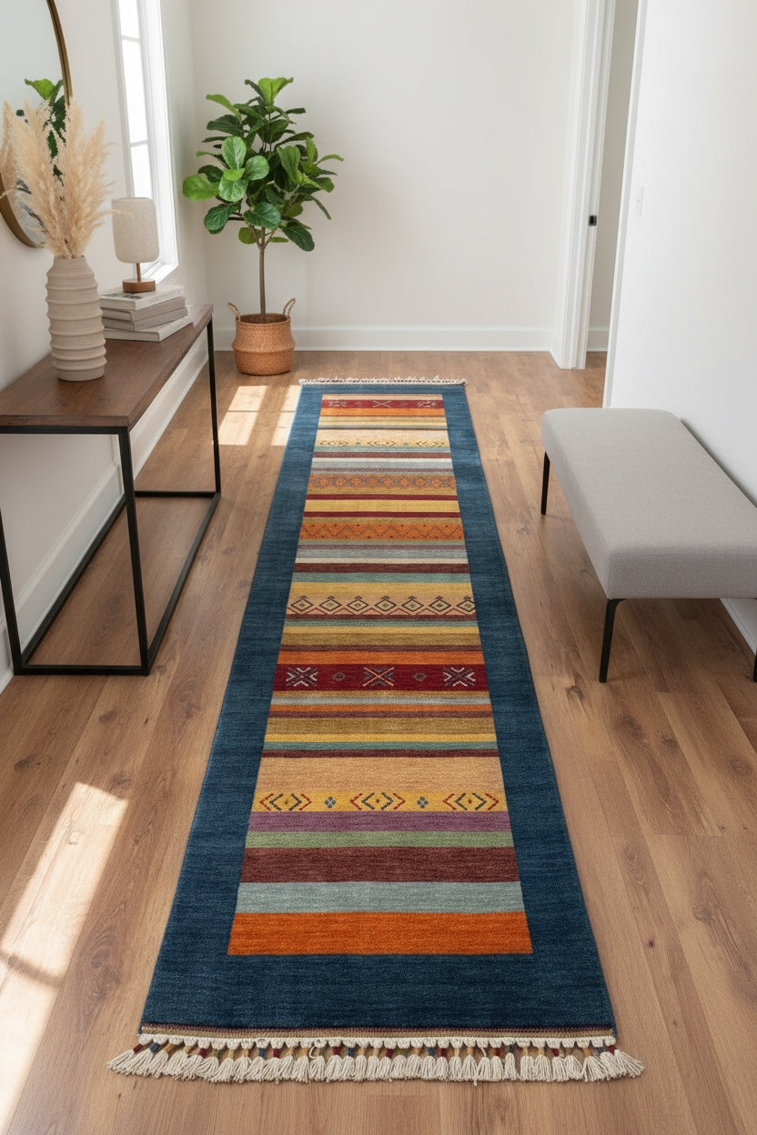 Tribal Handwoven Navy Wool Runner Rug – 80X279 by Camel Carpet