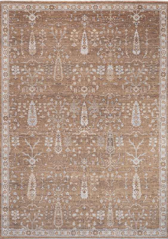 TUAREG-4801 handcrafted wool rug in taupe, ivory, pale blue with taupe botanical styling