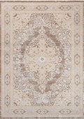TUAREG-4809 handcrafted wool rug in taupe, ivory, pale blue with distressed central medallion styling