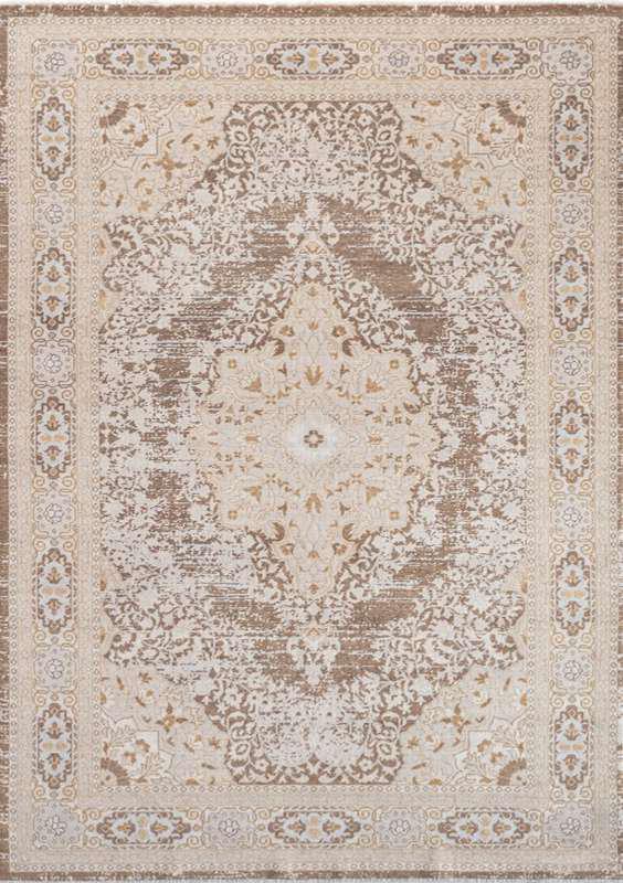 TUAREG-4809 handcrafted wool rug in taupe, ivory, pale blue with distressed central medallion styling