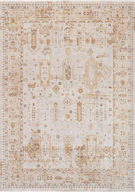 TUAREG-4810 handcrafted wool rug in ivory, taupe, pale blue, blush with tribal columns styling