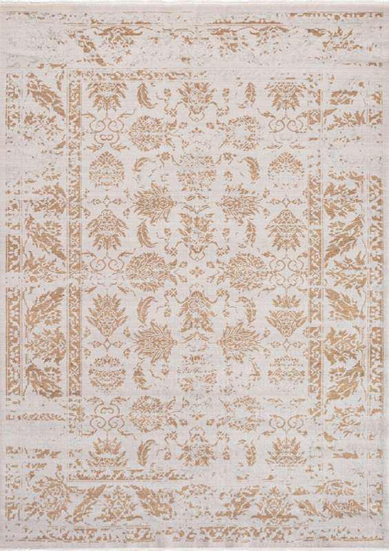 TUAREG-4813 handcrafted wool rug in ivory, sand, pale blue with botanical negative styling