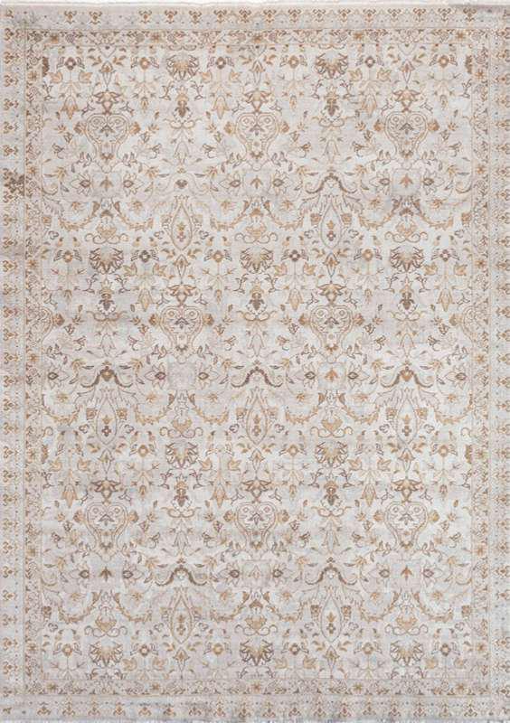 TUAREG-4814 handcrafted wool rug in ivory, taupe, pale blue, blush with layered floral bands styling