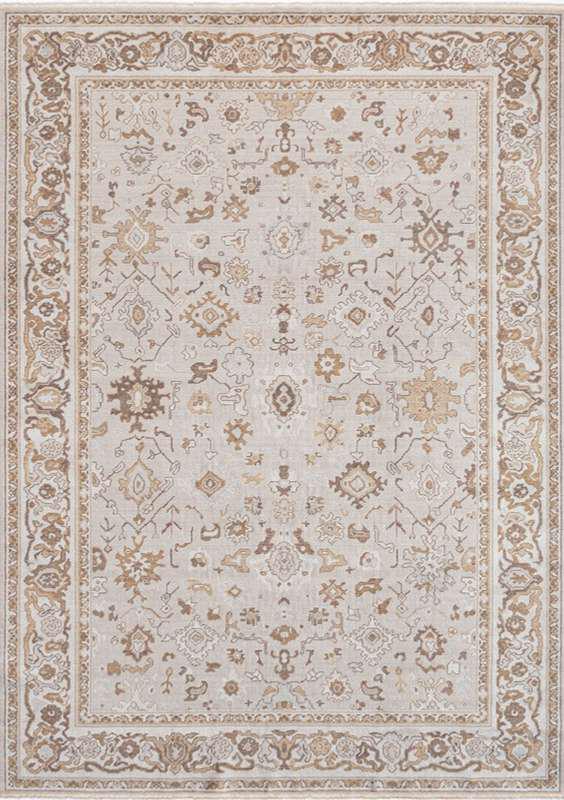 TUAREG-4815 handcrafted wool rug in ivory, taupe, pale blue with framed oushak styling